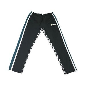 Fila Racer pants with black and white checkered pattern and green stripes